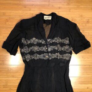 "Rescue Vintage" Sheer Black Dress with Lace and Pearly Buttons 40s 50s